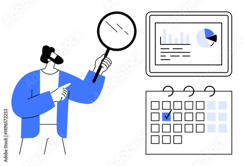 Person examines data on screen with magnifying glass, pointing at calendar. Ideal for business planning, data study, analytics, project management, schedule organization, productivity, flat simple