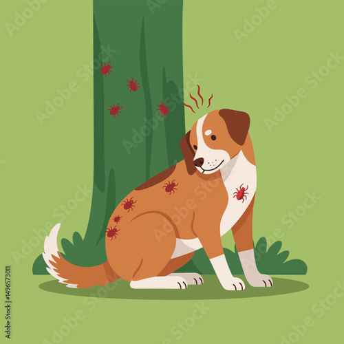 Dog with Ticks Sitting Near Tree Feeling Itchy and Uncomfortable