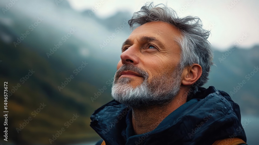 Thoughtful middle-aged man with gray hair and beard looking up with a serene expression outdoors against a blurred mountain landscape Thoughtful middle-aged man with gray hair and beard looking up with a serene expression outdoors against a blurred mountain landscape