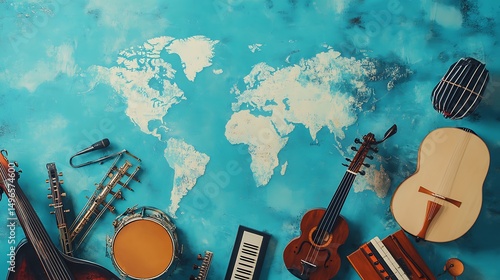 Global music instruments displayed on a world map.