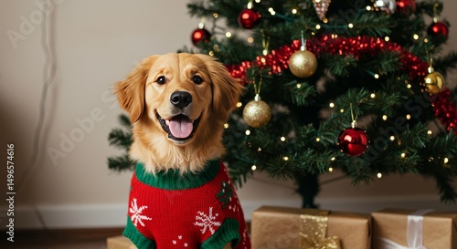 Photo of Golden Retriever in Christmas Sweater by Decorated Tree