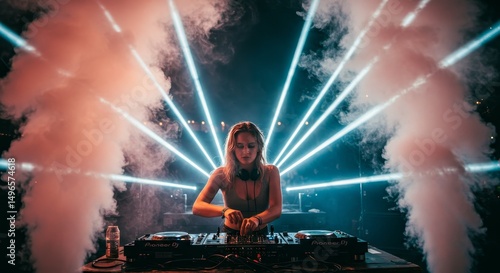 Photo of Female DJ Performing at Nightclub with Laser Lights and Smoke