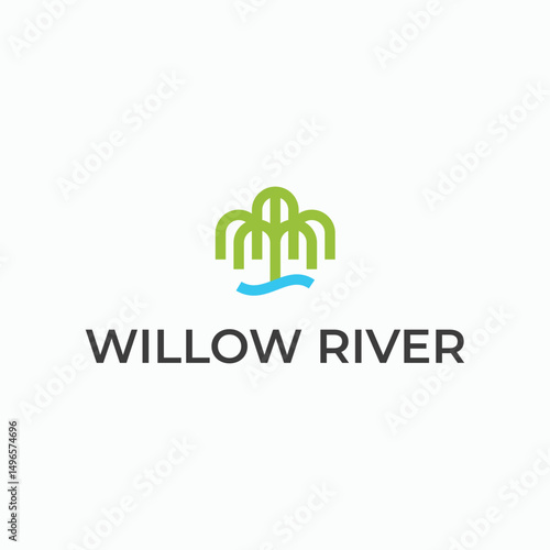 Weeping Willow or Birch tree with leaves beside river flow. Simple style nature plants design. Corporate and business graphic logo template. 