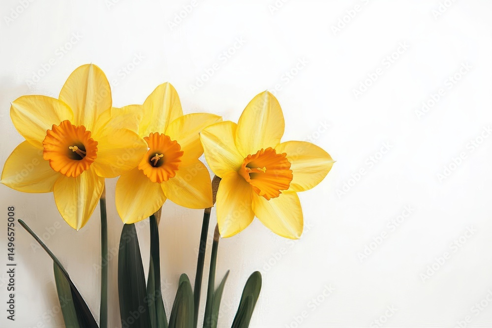 Naklejka premium Close-up of three bright yellow daffodil flowers with orange centers and green stems against a white background