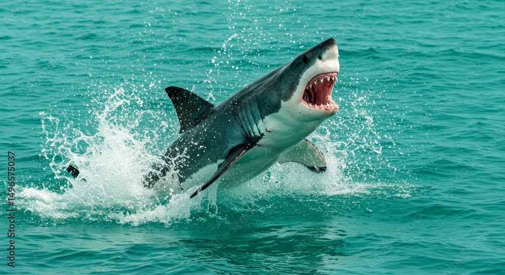 Fototapeta premium Photo of Great White Shark Breaching in Blue Ocean