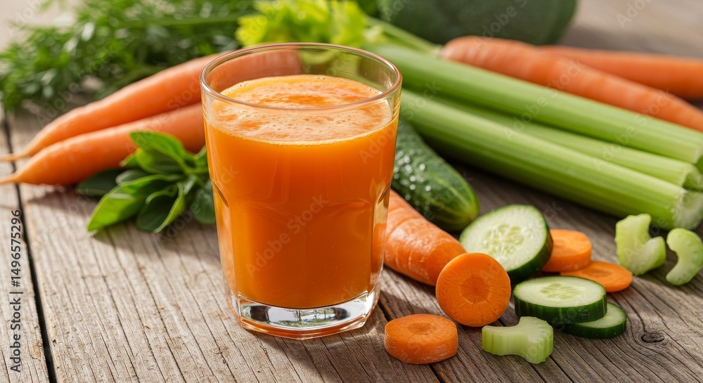 Photo of Glass of Fresh Carrot Juice with Vegetables on Rustic Wood Table Photo of Glass of Fresh Carrot Juice with Vegetables on Rustic Wood Table