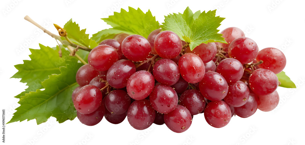 Obraz premium Red seedless grapes with natural-looking green leaves, isolated on bright white, high-definition macro detail, ideal for packaging or ads.