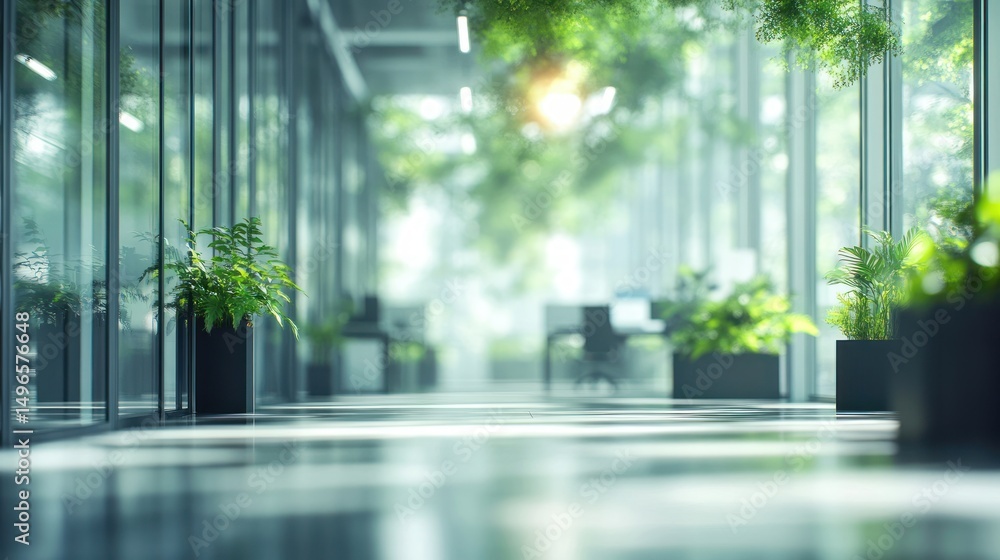 custom made wallpaper toronto digitalBright modern office corridor with large glass walls, abundant green plants in black pots, and soft natural sunlight creating a peaceful atmosphere