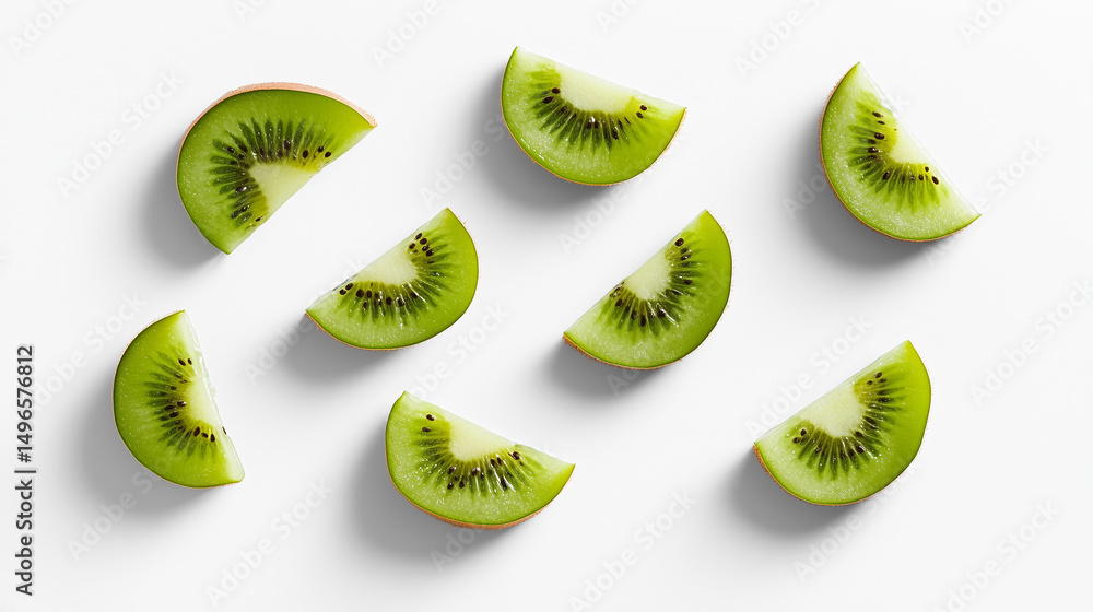 Fototapeta premium Flat Lay of Fresh Kiwi Wedges on White Background