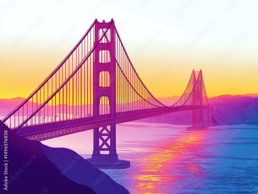 Obraz premium vibrant colorful depiction of a large suspension bridge spanning a body of water during sunset with glowing reflections and surrounding hills