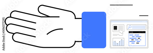 Hand reaching towards a digital interface featuring a search bar, charts, and textual data representation. Ideal for technology, innovation, analysis, search, interaction, business simple landing