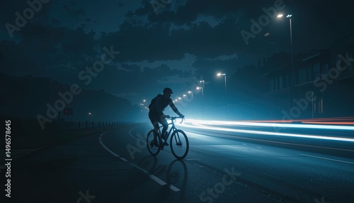 Silhouette of cyclist on a city road at night.