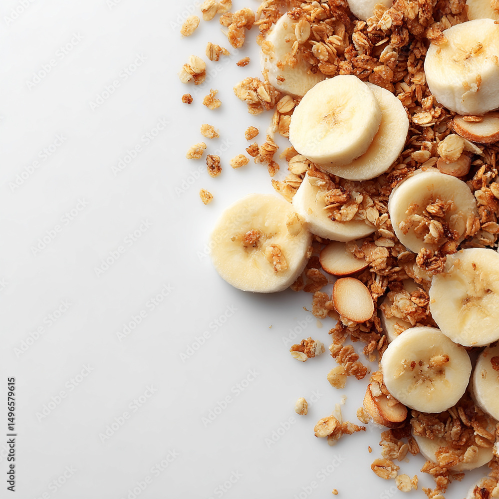Granola and Banana Slices on White Background Granola and Banana Slices on White Background