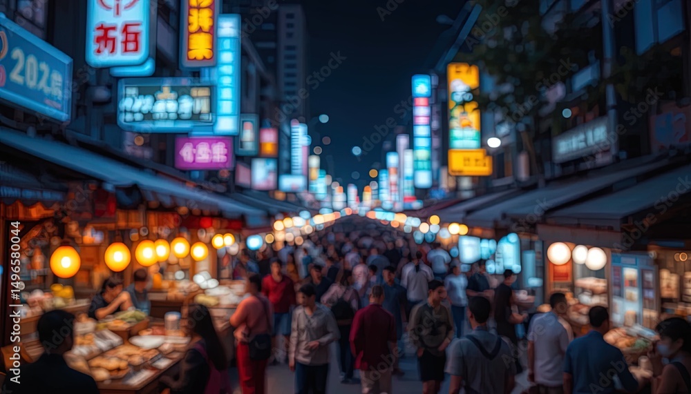 Obraz premium Blurred night market scene in a bustling city.