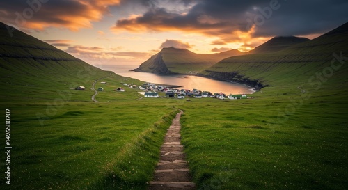 Photo of Klaksvik Village in the Faroe Islands at Sunset