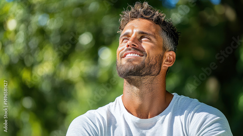 Bright smile man looking up with calm expression in natural sunlight
