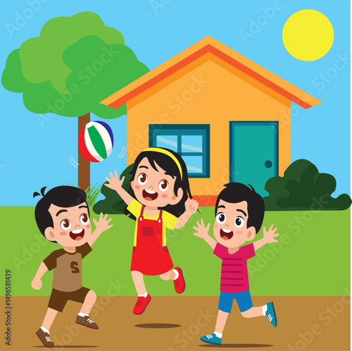 children play in home garden