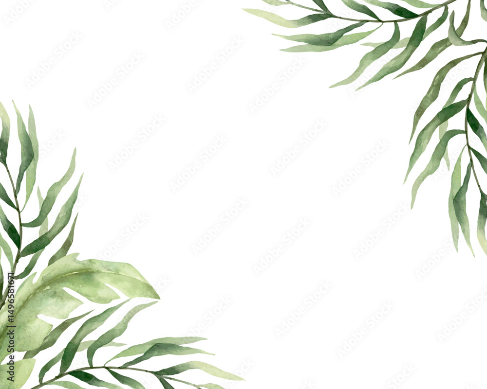 Tropical frame with green palm leaves in the corners, watercolor. Hand drawn vector illustration. For greeting cards, invitations, summer big banners, posters, labels. Tropical frame with green palm leaves in the corners, watercolor. Hand drawn vector illustration. For greeting cards, invitations, summer big banners, posters, labels.