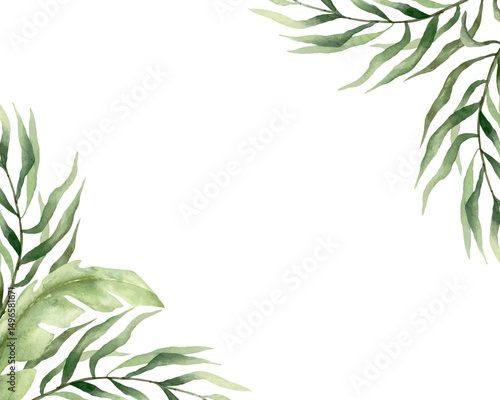 Tropical frame with green palm leaves in the corners, watercolor. Hand drawn vector illustration. For greeting cards, invitations, summer big banners, posters, labels.