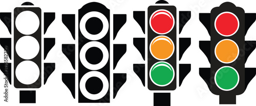 Set Red Yellow green Traffic Light vector icon. Collection Traffic signal sign. Group Stoplight, Wait signal, Go signal Road Instruction, regulation symbol, traffic rules design element