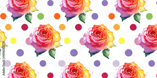 Wallpaper Mural 水彩ローズとドットの組み合わせが可愛い、ピンク色のバラが散りばめられたナチュラルなフラワーパターン背景素材｜ガーリー、春、花柄、フェミニン、壁紙、装飾、イラスト素材 Torontodigital.ca