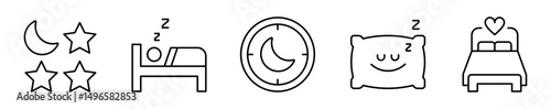 Conjunto de iconos de dormir bien. Sueño reparador, descanso profundo y hábitos saludables. Noche, cama, horario, comodidad, bienestar emocional. Ilustración vectorial