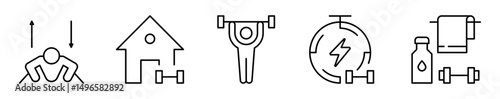 Conjunto de iconos de ejercicios en casa. Fuerza, rutina y bienestar físico desde el hogar. Flexiones, entrenamiento, levantamiento, intensidad, hidratación. Ilustración vectorial
