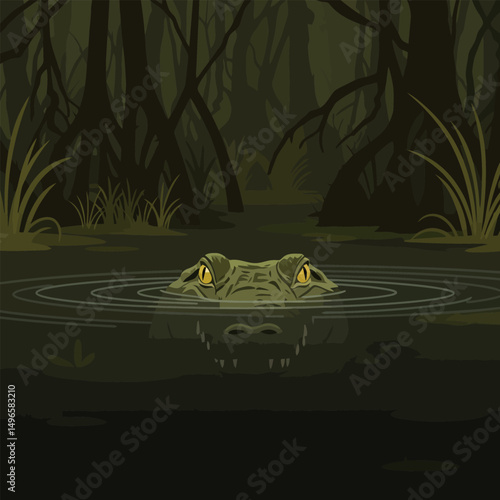 Alligator Submerged in Swamp Water with Ripples and Dark Forest