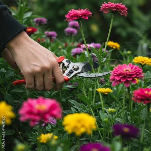 Photo of Hand Pruning Zinnia Flowers in Garden