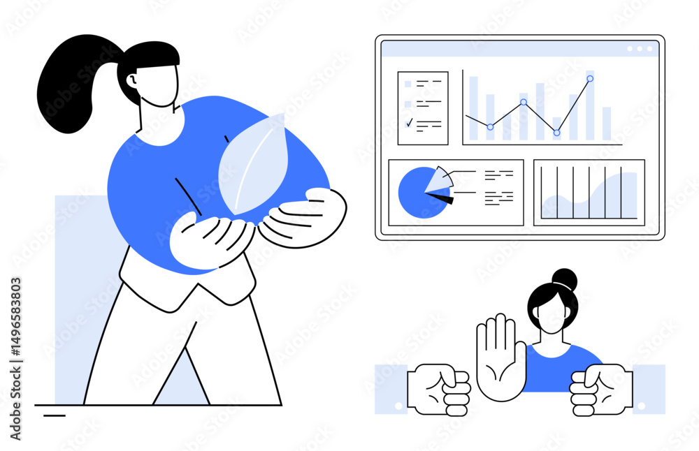 Person holding a leaf symbolizing sustainability, graphs and charts for data analysis, smaller figure with raised hand for ethical decisions. Ideal for environment, data, growth, ethics, business Person holding a leaf symbolizing sustainability, graphs and charts for data analysis, smaller figure with raised hand for ethical decisions. Ideal for environment, data, growth, ethics, business