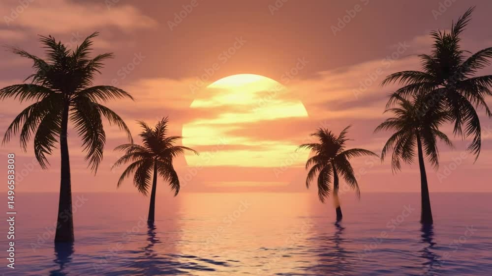 Sunset over calm ocean with palm trees Sunset over calm ocean with palm trees