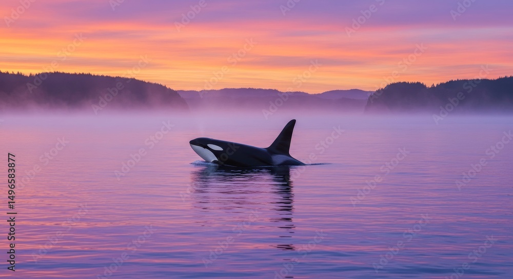 Fototapeta premium Photo of Orca in Foggy Pink and Purple Sunrise Ocean