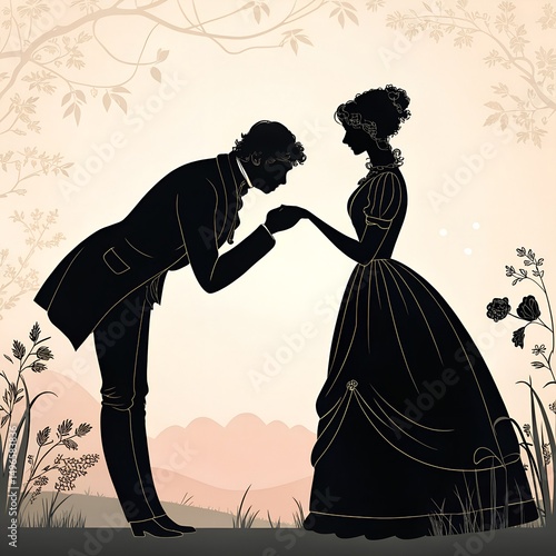Profile silhouette of young victorian couple in which man kisses woman's hand.