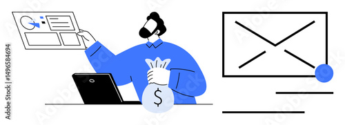 Businessman holding a sack of money, analyzing financial data on a chart, working on a laptop, and managing emails. Ideal for productivity, finance, business strategy, email marketing, workflow