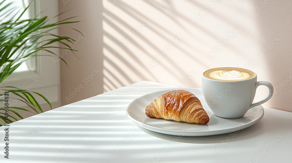 Warm croissant and latte on plate, bathed in soft morning light, create cozy atmosphere Warm croissant and latte on plate, bathed in soft morning light, create cozy atmosphere