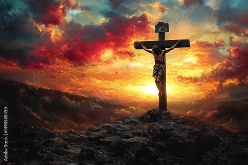 Silhouette of a crucifix with a figure on a hill against a dramatic colorful sunset sky with vivid orange, red, and blue clouds evoking deep emotion