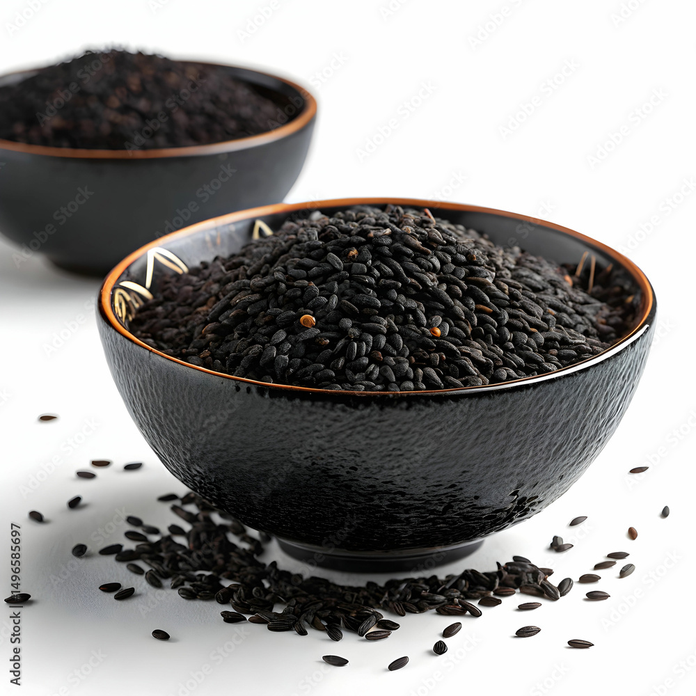 black cumin seeds in a glossy black bowl showcasing black cumin seeds in a glossy black bowl showcasing