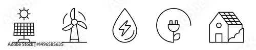 Conjunto de iconos de energía renovable. Solar, eólica, hidráulica, sostenible u autosuficiente. Panel solar, molino de viento, energía hídrica, cable verde, casa solar. Ilustración vectorial