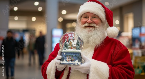 Photo of Santa Claus Holding a Snow Globe in a Shopping Mall
