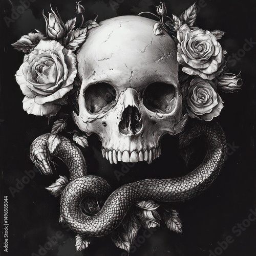 Fototapeta Naklejka Na Ścianę i Meble -  Detailed black and white illustration of a human skull surrounded by blooming roses and a large snake coiling beneath it, creating a dark and mysterious atmosphere