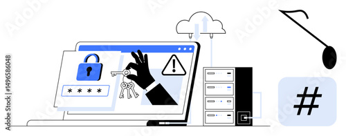 Hacking hand steals keys from secured laptop screen, breach warning signs, cloud, server stack. Ideal for cybersecurity, data theft, online security, hacking, password safety tech risks simple