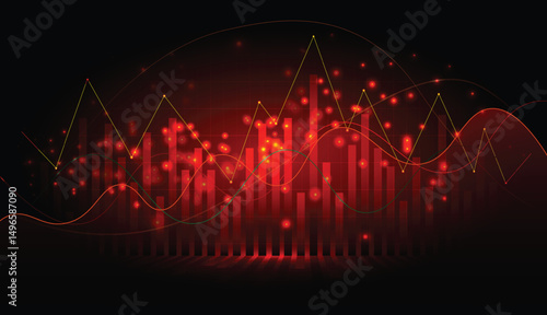 Abstract financial background with red lots of light spots digital technology fluctuating graphs and chart vector illustration design.