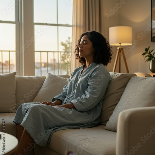 Free Download Photo of Serene Woman Meditating on Sofa in Softly Lit Living Room - GFXLoad