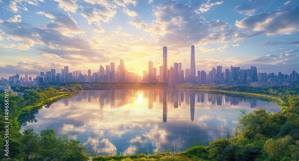 Sunset over a modern city skyline with tall skyscrapers reflected in a large water body surrounded by greenery under a cloudy sky Sunset over a modern city skyline with tall skyscrapers reflected in a large water body surrounded by greenery under a cloudy sky