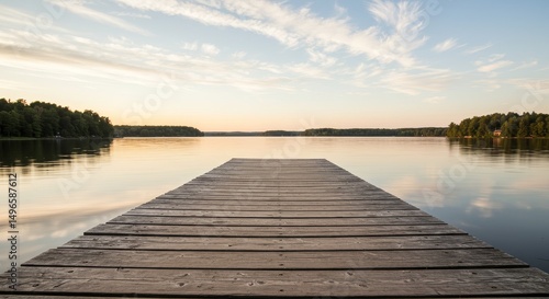 Photo of Serene Wooden Dock on Calm Lake at Sunset