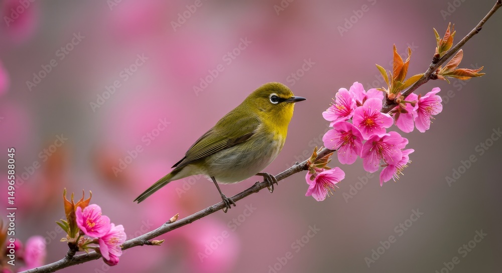 Photo of Small Green Bird on Pink Blossom Branch Photo of Small Green Bird on Pink Blossom Branch