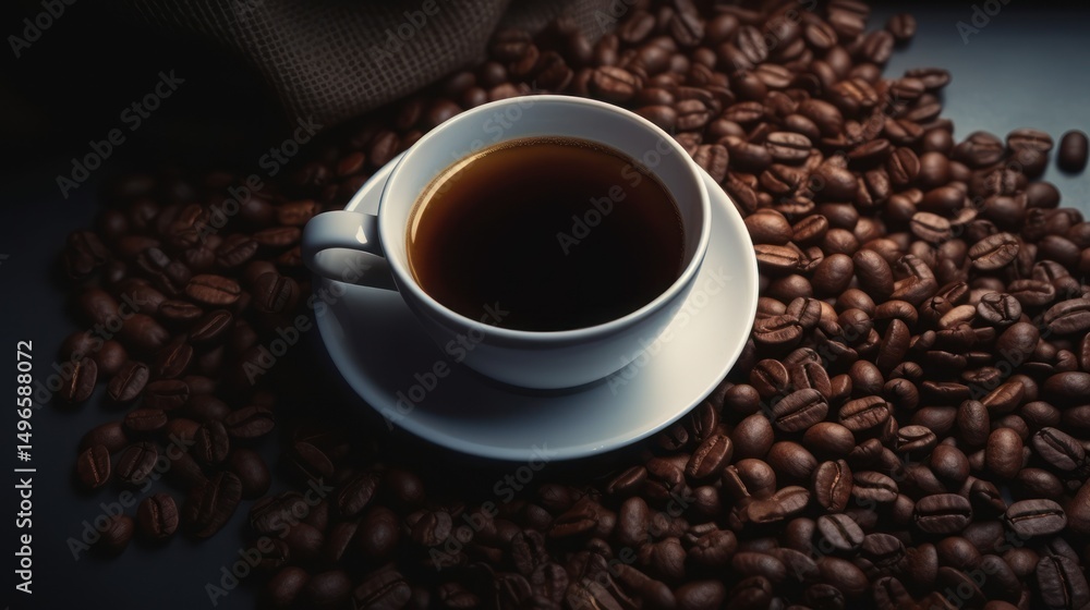Fototapeta premium Coffee top view cup. Realistic cup and coffee beans
