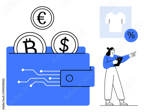 Digital wallet emitting circuit lines holding euro, dollar, and bitcoin coins. Woman with tablet analyzing and pointing. Ideal for finance, cryptocurrency, ecommerce, technology, analysis economy