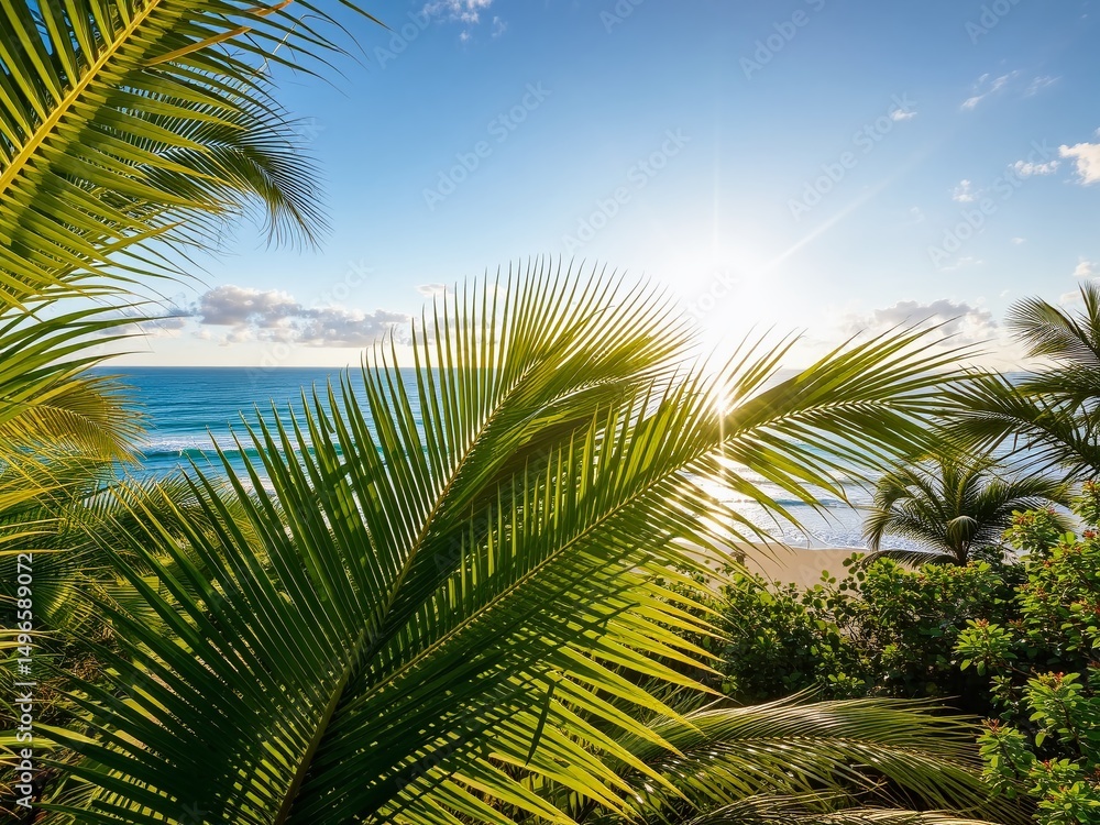 Fototapeta premium Tropical Paradise: Palm Leaves Embrace Ocean View