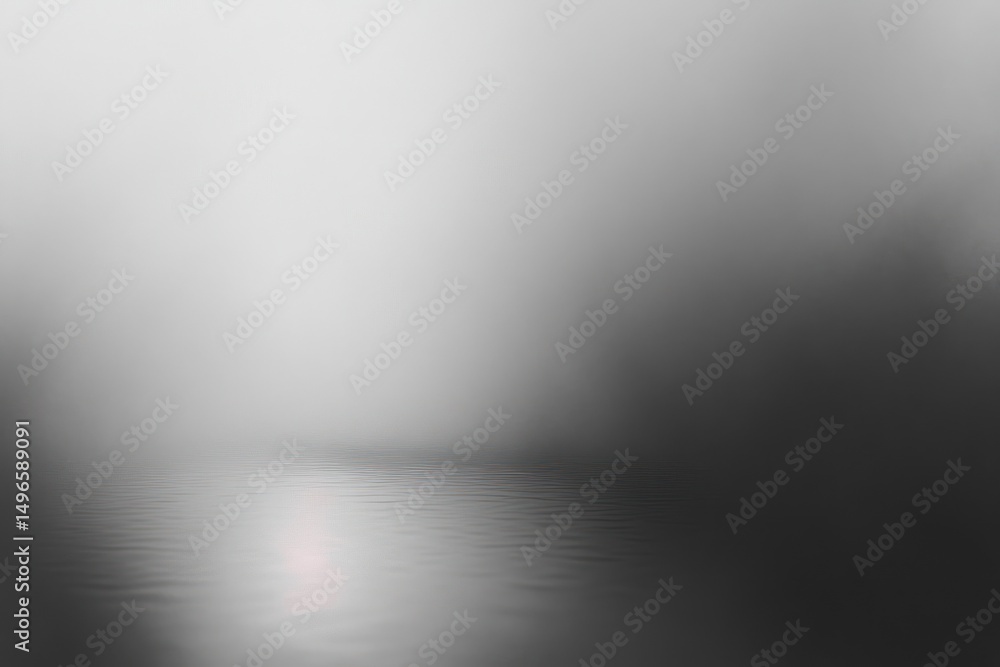 Calm monochrome water surface with gentle ripples fading into dense fog creating a mysterious and tranquil atmosphere Calm monochrome water surface with gentle ripples fading into dense fog creating a mysterious and tranquil atmosphere